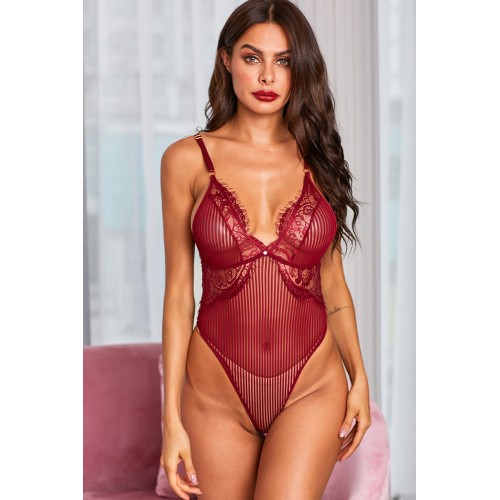 Wine Red Striped Mesh Bodysuit Wine Red Striped Mesh Bodysuit