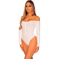 White Ribbed Knit Off Shoulder Long Sleeves Bodysuit