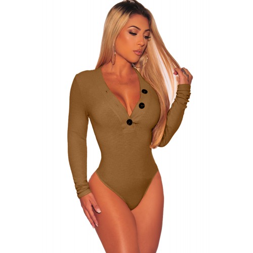Yellow Dijon Ribbed Knit Button Neckline Long Sleeves Bodysuit