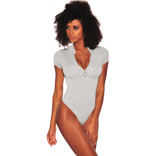 Heather Gray Silver O-Ring Zipper Bodysuit Heather Gray Silver O-Ring Zipper Bodysuit