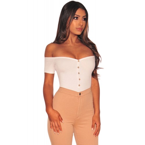 White Ribbed Knit Off Shoulder Button Bodysuit White Ribbed Knit Off Shoulder Button Bodysuit