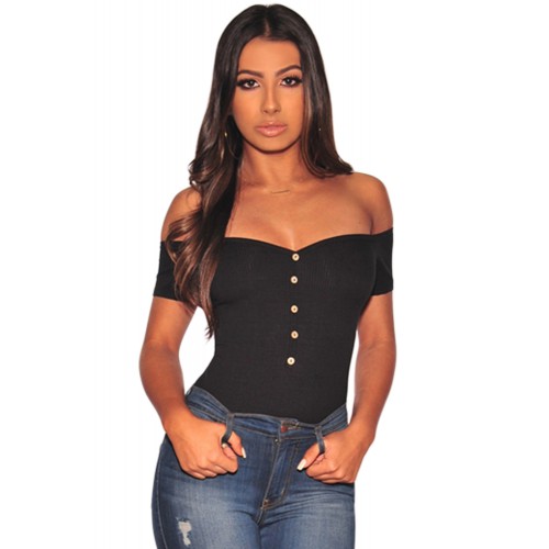 Black Ribbed Knit Off Shoulder Button Bodysuit