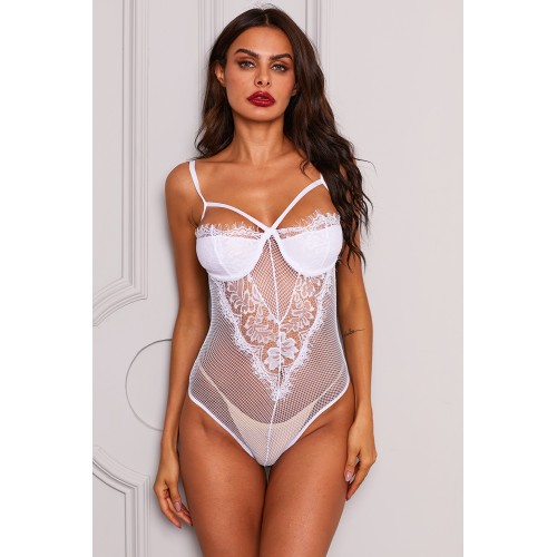 White Sheer Eyelash Lace Teddy Bodysuit White Sheer Eyelash Lace Teddy Bodysuit