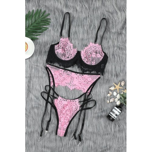 Pink Spaghetti Strap Eyelash Lace Bralette Set with Garter Belt Pink Spaghetti Strap Eyelash Lace Bralette Set with Garter Belt