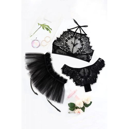 Black Three-piece Halter Top and Tutu Skirt Lingerie Set