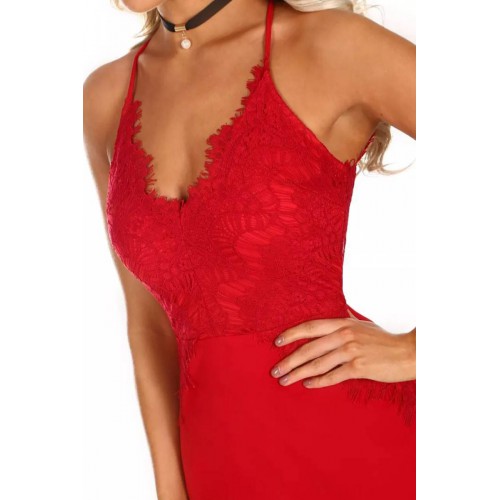 Red Eyelash Lace Bodice Bodycon Party Dress