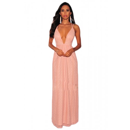 Pink Nude Illusion Crisscross V Neck Evening Dress
