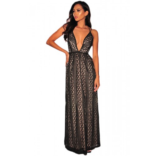 Black Nude Illusion Crisscross V Neck Evening Dress