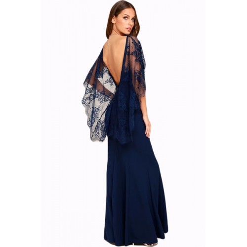 Navy Blue V Cut Open Back Lace Cape Sleeve Maxi Poncho Dress Navy Blue V Cut Open Back Lace Cape Sleeve Maxi Poncho Dress