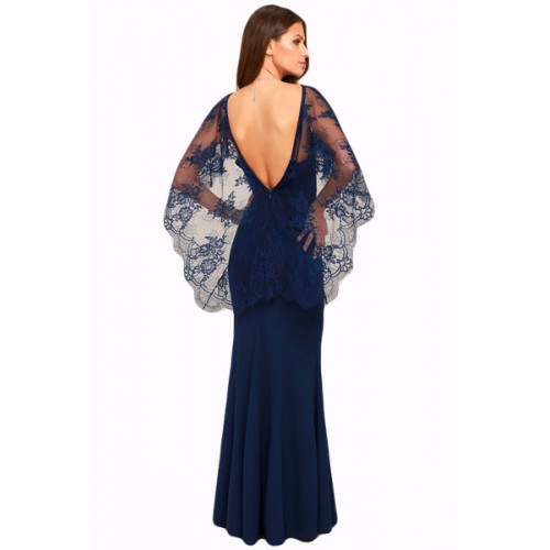 Navy Blue V Cut Open Back Lace Cape Sleeve Maxi Poncho Dress Navy Blue V Cut Open Back Lace Cape Sleeve Maxi Poncho Dress