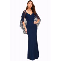 Navy Blue V Cut Open Back Lace Cape Sleeve Maxi Poncho Dress