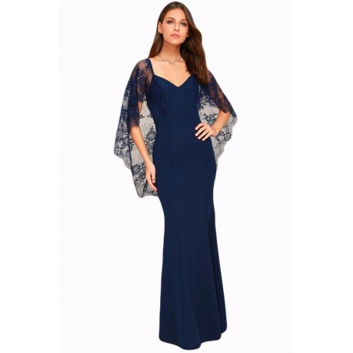 Navy Blue V Cut Open Back Lace Cape Sleeve Maxi Poncho Dress Navy Blue V Cut Open Back Lace Cape Sleeve Maxi Poncho Dress