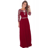 Wine Lace Crochet Quarter Sleeve Maxi Dress