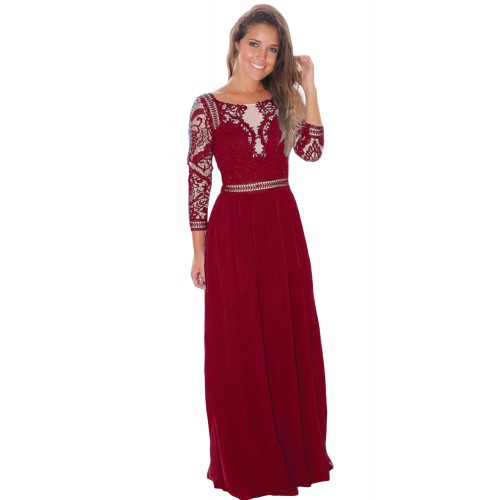 Wine Lace Crochet Quarter Sleeve Maxi Dress