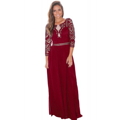 Wine Lace Crochet Quarter Sleeve Maxi Dress Wine Lace Crochet Quarter Sleeve Maxi Dress