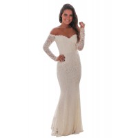 White Crochet Off Shoulder Maxi Evening Party Dress