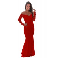 Red Crochet Off Shoulder Maxi Evening Party Dress