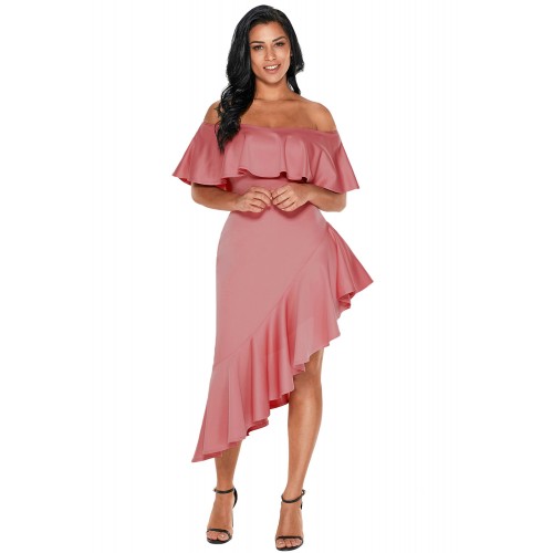 Pink Asymmetric Ruffle Off Shoulder Party Dress Pink Asymmetric Ruffle Off Shoulder Party Dress