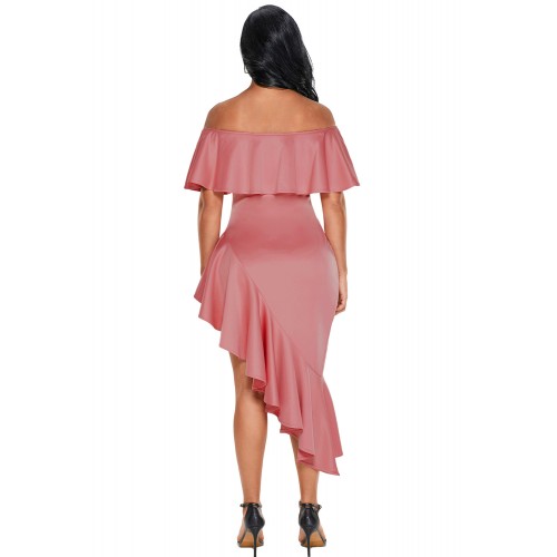 Pink Asymmetric Ruffle Off Shoulder Party Dress Pink Asymmetric Ruffle Off Shoulder Party Dress