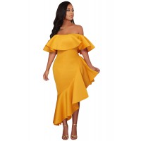 Yellow Asymmetric Ruffle Off Shoulder Party Dress
