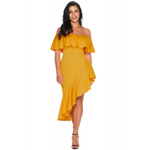 Yellow Asymmetric Ruffle Off Shoulder Party Dress Yellow Asymmetric Ruffle Off Shoulder Party Dress
