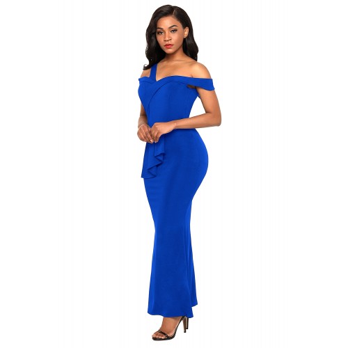 Royal Blue Asymmetric Off Shoulder Look High Waist Party Gown Royal Blue Asymmetric Off Shoulder Look High Waist Party Gown