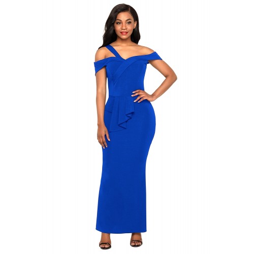 Royal Blue Asymmetric Off Shoulder Look High Waist Party Gown