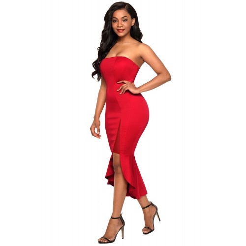 Red Asymmetric Ruffle Hem Strapless Party Dress
