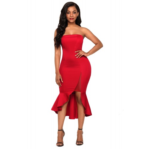 Red Asymmetric Ruffle Hem Strapless Party Dress