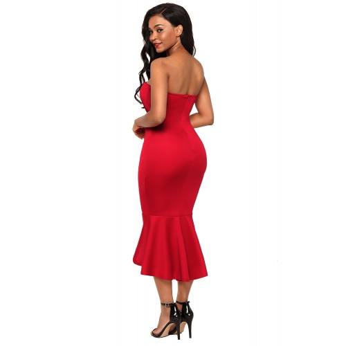 Red Asymmetric Ruffle Hem Strapless Party Dress