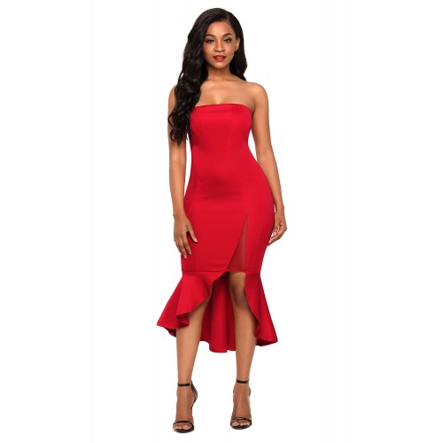 Red Asymmetric Ruffle Hem Strapless Party Dress