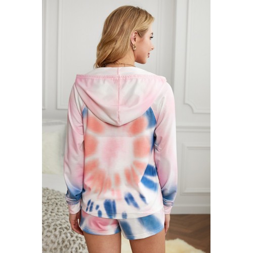 Pink Cotton Blend Pocketed Tie-dye Hoodie Shorts Suit Pink Cotton Blend Pocketed Tie-dye Hoodie Shorts Suit