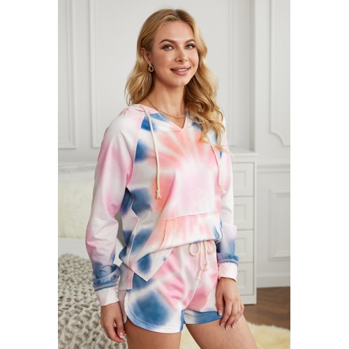 Pink Cotton Blend Pocketed Tie-dye Hoodie Shorts Suit Pink Cotton Blend Pocketed Tie-dye Hoodie Shorts Suit