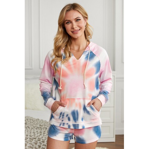 Pink Cotton Blend Pocketed Tie-dye Hoodie Shorts Suit Pink Cotton Blend Pocketed Tie-dye Hoodie Shorts Suit