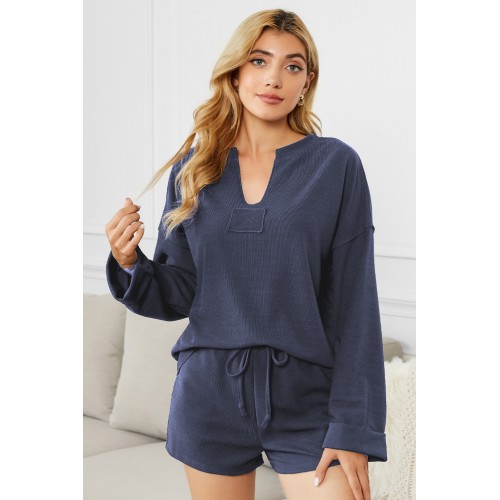 Blue Inverted Knit Pullover Shorts Set