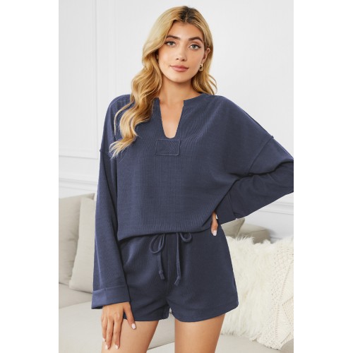 Blue Inverted Knit Pullover Shorts Set