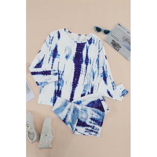 Blue Tie-dye Long Sleeves Shorts Slouchy Set Blue Tie-dye Long Sleeves Shorts Slouchy Set