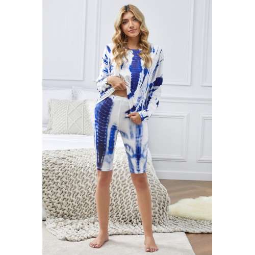 Blue Tie-dye Long Sleeves Shorts Slouchy Set Blue Tie-dye Long Sleeves Shorts Slouchy Set