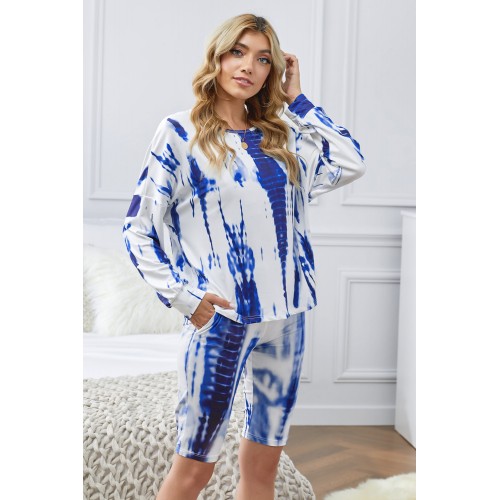 Blue Tie-dye Long Sleeves Shorts Slouchy Set Blue Tie-dye Long Sleeves Shorts Slouchy Set