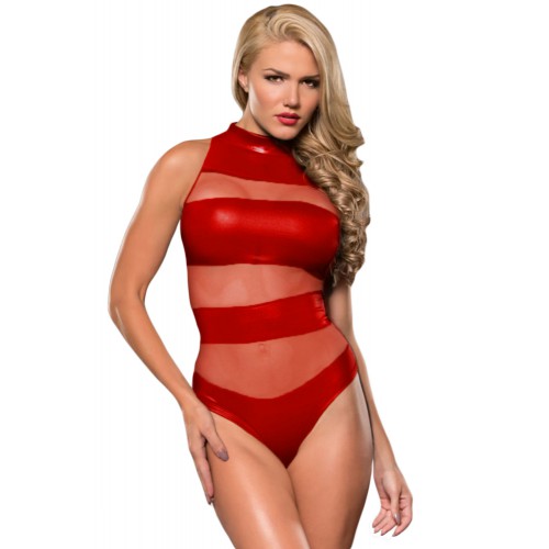Red Striped Mesh Cutout Wet Look Teddy