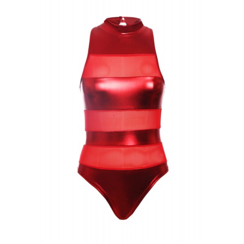 Red Striped Mesh Cutout Wet Look Teddy Red Striped Mesh Cutout Wet Look Teddy